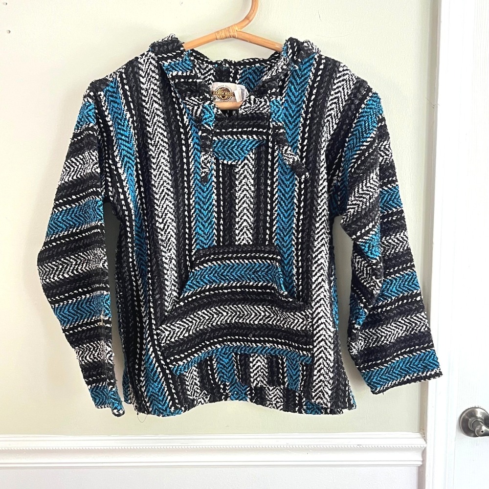 Earth Ragz Baja‎ Hoodie Womens M Striped Blue Black Mexican Poncho Beach Surfer